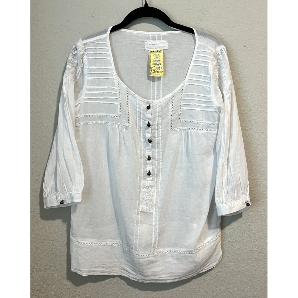 Vintage Y2K Da Nang Tunic Top Womens M White Sheer Embroidered Blouse Top Boho